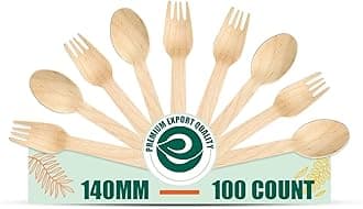 ECO SOUL [160mm, 50 Pack] Disposable Spoons & Forks Set | Wooden Dining Flatware | Ideal for Kids Birthday, Wedding & Party