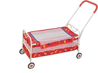 BABYBLESSING Iron Baby Cradle 4 Wheel (Hood) | Colour - Red
