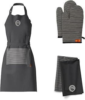 Kitchen Set of Cooking Gifts for Men & Women, 5pc Set includes Chef Apron, Pair of Oven Mitts & 2 x Kitchen Towels, Premium Quality Cotton with Official Logo, Elite Black