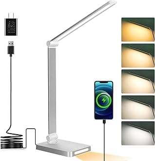Dott Arts LED Desk Lamp with USB Ports,Touch Desk Lamps for Home Office with 5 Color Modes,3 Brightness Desk Light with Small Night Light,Reading Lamp Table LED Lamp for Bedroom Bedsid Study Sliver