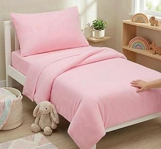 4 Piece Toddler Bedding Set - Includes Comforter, Flat Sheet, Fitted Sheet and Reversible Pillowcase - Solid Pink