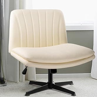 LEMBERI PU Leather Padded Desk Chair No Wheels, Armless Wide Swivel Home Office Desk Chair,120°Rocking Mid Back Ergonomic Computer Task Vanity Chair for Home Office, Make Up,Small Space,Beige