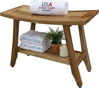 EcoDecors 28" Satori Teak Shower Bench –Bath Seat, Natural Wood Finish Water-Resistant Spa Bench | Slatted Design & Adjustable Feet for Indoor Outdoor Use | Sturdy & Safe