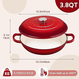 Overmont Enameled Cast Iron Dutch Oven - 3.8 Quart Dutch Oven Pot with Lid - Shallow Cookware Braising Pan - Cast iron Casserole with Cookbook & Heat-resistant Caps - Oven Safe up to 500° F