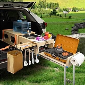 SHIWAGIN Overland Kitchen Slide-Out System, All-in-One Camp Kitchen Box with Sink, Chopping and Cooking Features, Folding Camping Table for SUV, Overlanding & Car Camping, Quick 1-Minute Setup