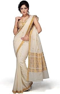 Maxis Cream Kasavu Cotton Women's Saree With Blouse, One Size