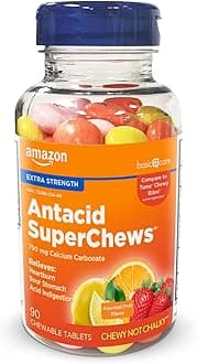 Amazon Basic Care Chewy Bites Chewable Antacid Tablets, Ultra Strength Heartburn Relief, Acid Indigestion, Upset & Sour Stomach, Fast-Acting, Assorted Fruit Flavors, 90 Count
