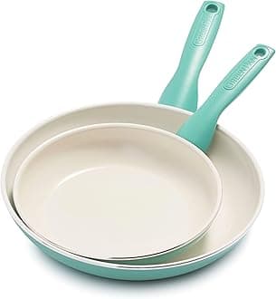 Rio Healthy Ceramic Non-Stick 2-Piece Frying Pan Skillets Set, 20cm & 26cm, PFAS Free, Stay-Cool Handle, Oven Safe up to 160°C, Turquoise & Cream