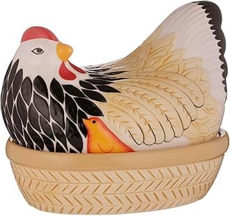 Ceramic Mother Hen Nest, White, Black, Red, Yellow
