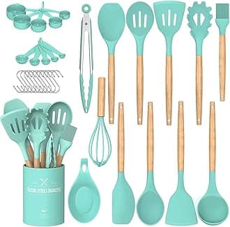 Kitchen Cooking Utensils Set, 24 pcs Non-stick Silicone Cooking Kitchen Utensils Spatula Set with Holder, Wooden Handle Heat Resistant Silicone Kitchen Gadgets Utensil Set (Green)