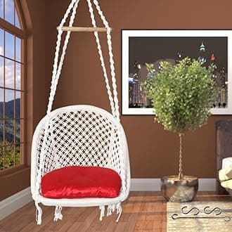 Patiofy D Shape Cotton Swing for Adults - Wooden Hammock for Home, Balcony, Indoor - Jhoola/Unjal Chair With Hanging Kit & Red Cushion (White), 61 Cm