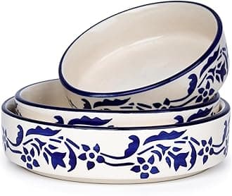 SEPARATE WAY Ceramic Bowls Flat Deep Serving Bowl Set of 3-800ml, 600ml, 500ml Glossy Floral Blue Finish Ideal for Pasta, Salad, Snacks & More Multipurpose Microwave and Dishwasher Safe
