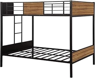 Home Decoration Art Full-Over-Full bunk Modern Style Bed Easy Assembly Quick Lock Classic Metal Bunk Bed with Built-in Ladder for Bedroom Black, Double