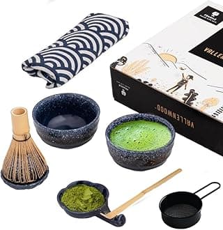 A Unique Matcha Set: 9 pieces set, A Ceremonial Grade Kit For Matcha With 2 Thick Glazed Dark Blue Hand Painted bowls. Bamboo Whisk and Scoop, Strainer, Table Runner, chop stand, dish and bottle.