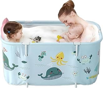 Warmiehomy Portable Foldable Bathtub for Adults,120X50X55cm Freestanding Soaking Bathtub with Cushion and Backrest,Hot Bath Ice Bath SPA Tub for Shower,Folding Bathtub for Adults Kids,Ocean Style