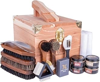 Leather Shoe Shine & Suede Cleaning Set with Grand Cedar Valet Box, Polish Creams, Brushes & Premium Care Tools