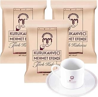KURUKAHVECI MEHMET EFENDI Turkish Coffee, Arabica Beans, Roasted Ground, Rich Aroma, Fresh, Medium to Heavy-bodied, Original Taste Since 1871 (3.52 OZ / 100 Gr), Coffee Mug & Cezve Set, Pack of 3