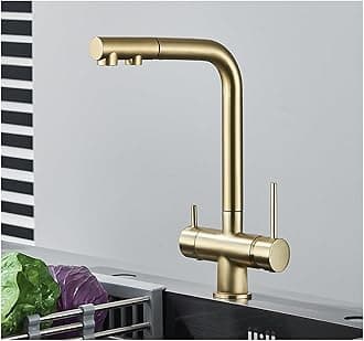 Chrome Brass Pull Out Filtered Kitchen Faucet Dual Handle Hot Cold Drinking Water 3-Way Filter Purification Mixer Taps(Color:Brushed Gold)