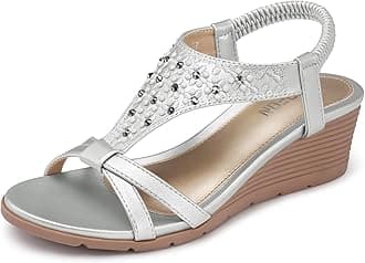 TEMOFONWomen's Low Wedge Heels Summer Dressy Platform Sandals Elastic Ankle Strap Open Toe Flower Shoes