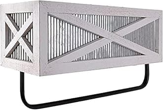 Farmhouse Rustic Towel Rack Shelf Holder - Wood Towel Rack Basket Storage - Farmhouse Towel Holder for Rustic Bathroom and Farmhouse Kitchen Décor - Wall Mounted, Galvanized, Rustic White