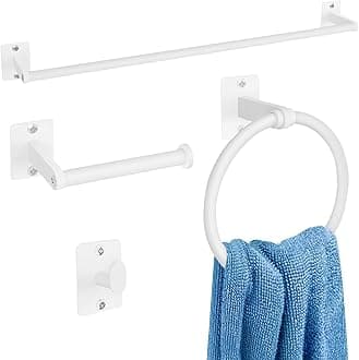 Bathroom Accessories Set, 4 Pieces White Bathroom Hardware Set, 24 inch Towel Bar, Towel Racks for Bathroom, Robe Towel Hooks, Toilet Paper Holder Wall Mounted