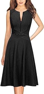 VFSHOW Womens Elegant Front Zipper Slim Work Business Office Party Cocktail Skater A-Line Dress and White Striped