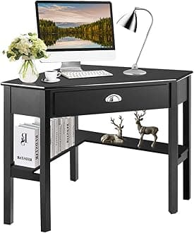 Corner Desk, Corner Computer Desk with Drawer for Small Space, Small Corner Makeup Vanity Desk, 90 Degrees Triangle Corner Desk with Storage Shelves