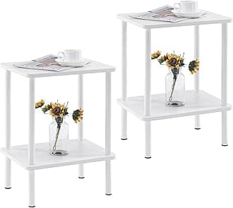Apicizon 2 Tier End Table Set of 2, Small Side Table with Solid Wood Legs, Boho Bedside Table with Storage Shelf, Nightstand for Small Spaces, Bedroom, Living Room, Entryway, Easy Assembly, White
