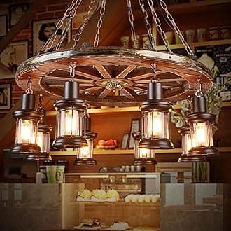 A Million Vintage Industrial Wood Chandelier with 8 Light Rudder Shape, Wood Grain Color, E26 Socket, Adjustable Hanging Chain Rustic Pendant Lighting