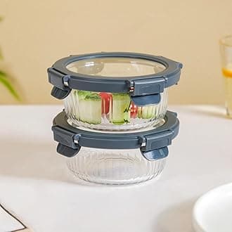 Nestasia Glass Lunch Box for Women and Men Set of 2 (400ml Each) - Borosilicate Round Glass Lunch Box for Office Use, Microwave & Freezer Safe, Leak-Proof with Safety Lock & Airtight Lids