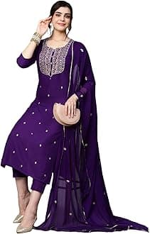 GoSriKi Women's Cotton Blend Embroidered Kurta Set with Trousers and Dupatta, Calf Length, 3/4 Sleeves, Round Neck, Elegant Ethnic Clothing (5 Colors, S-5XL)