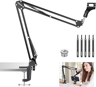 Microphone Arm Stand, Suspension Boom Scissor Mic Arm Stand with 3/8” to 5/8” Screw and Cable Ties Compatible with Blue Yeti, Snowball, Yeti X, Quadcast and Other Mics, Max Load 1.5kg