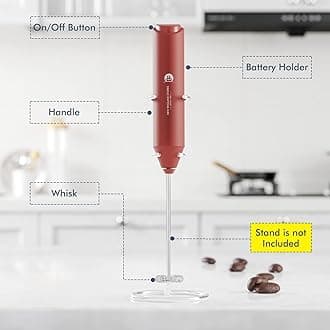 Powerful Milk Frother Handheld Foam Maker, Mini Whisk Drink Mixer for Coffee, Cappuccino, Latte, Matcha, Hot Chocolate, No Stand, Red