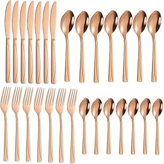 ANH MART Mirror Finish Rose Gold Plated Stainless Steel Flatware Set Copper Silverware Set Rose Gold Spoon Color Cutlery Set [Dinner Fork-Tea Spoon-Salad Spoon-Knife] Set of (Rose Gold LINEING, 28)