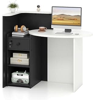 Tangkula Reception Desk, Front Counter Desk with Lockable Drawer & Adjustable Shelf, Oval Desktop, Retail Counter for Checkout, Computer Workstation for Salon Lobby Office, Home Office Desk