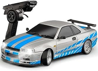 FLYCOLOR LD1899 1/18 RC Drift Car GTR R34 2.4GHz RWD with Gyroscope on-Road Alloy Body Shell Racing Cars Radio Control (Blue Grey)