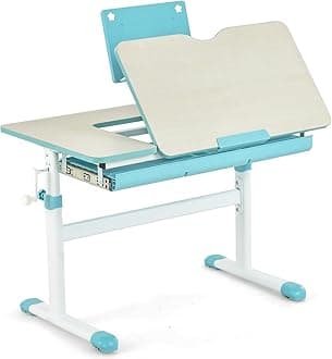 Costzon Kids Desk, Ergonomic Height-Adjustable Children Study Table w/Tiltable Desktop & Book Stand, Pull-Out Storage Drawer & Scale Ruler, Student Workstation for Writing, Drawing, Reading (Blue)