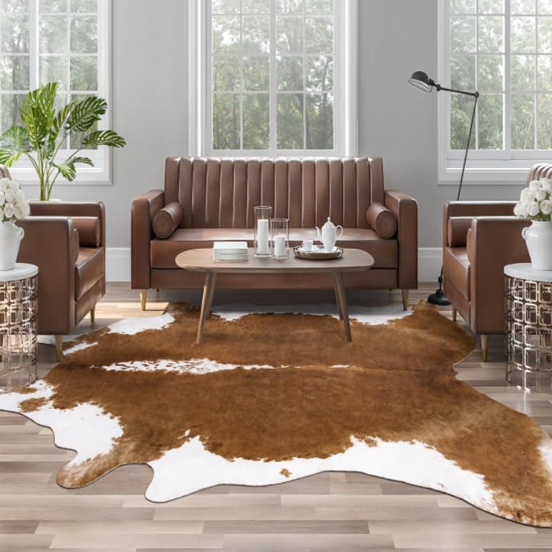 AROGAN Premium Faux Cowhide Rug 4.6 x 5.2 Feet, Sturdy and Large Size Cow Print Rugs, Suitable for Bedroom Living Room Western Decor, Faux Fur Animal Cow Hide Carpet, Brown