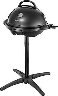 – George Foreman Indoor Outdoor BBQ Electric Grill [1500cm2 cooking surface, Variable temperature control & viewing gauge, Use with or without stand, Easy clean removable plate, Drip tray] Black 22460