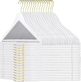 TOPIA HANGER Wooden Hangers 30 Pack, White Wood Coat Hanger with 360° Swivel Gold Hook, Non Slip Pants Bar and Shoulder Notches for Camisole, Jacket, Pants, Smooth Finish Clothes Hangers -CT34WG30