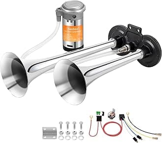 Banhao 150DB Air Train Horn kit for Car, Super Loud Twin Tone Chrome Plated Zinc Dual Trumpet with Compressor for Any 12V Trucks Lorrys Trains Vans Boats (Chrome)