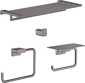 AddStoris Accessory Kit with Towel Rack, Towel Ring, Toilet Paper Holder w/Shelf, and Single Hook in Brushed Black Chrome