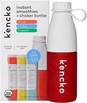 kencko Smoothie Mix Starter Kit - 10 Instant Breakfast Smoothies + Reusable Bottle - Organic Fruits & Veggies, Nature’s Original Superfoods - Reds, Blues, & Greens Powder Smoothie Mix Packets