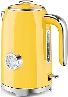 Electric Kettle - 57oz Hot Tea Kettle Water Boiler with Thermometer, 1500W Fast Heating Stainless Steel Tea Pot, Cordless with LED Indicator, Auto Shut-Off & Boil Dry Protection, Retro Yellow