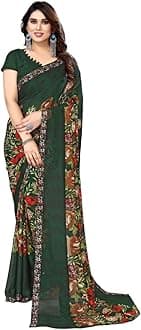 Yashika Women's Printed Trendy Georgette Green Color Saree With Blouse Material