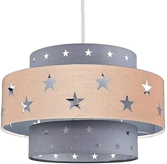 CGC Lighting Stars Childrens Lampshade Shades Projects Star Pattern Easy Fit Pendants Lamp Shade Kids Bedroom Playroom Toy Room Child Space (Grey with Cream Band)
