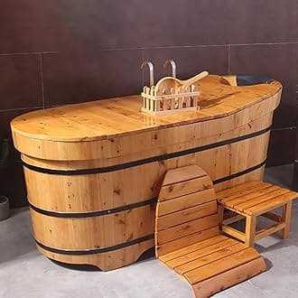 Mobile Free Standing Wooden Bathtub with Bath Tray, Solid Wood Bathtub Lit, Spa Deep Soaker with Tub Chair, Classic Japanese Body Soaking Barrel with Lid/Pop-Up Drain,140cm/55.19"
