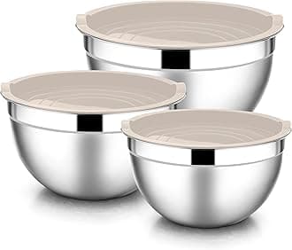 Mixing Bowls with Lids, 6-Piece Stainless Steel Salad Bowls Metal Nesting Bowls for Baking Cooking and Prepping, Airtight Lids & Stackable Design, Size 4.5, 3, 1.5 QT (Khaki)