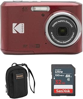 KODAK PIXPRO FZ45-BK 16MP Digital Camera 4X Optical Zoom 27mm Wide Angle 1080P Full HD Video 2.7" LCD Vlogging Camera, Bundle with Camera Case and 32GB SD Card (Red)