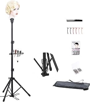 Klvied Wig Stand Tripod Adjustable Mannequin Head Stand with Foot Panel, Reinforced Metal Wig Head with Tool Tray for Cosmetology Hairdressing Styling Training